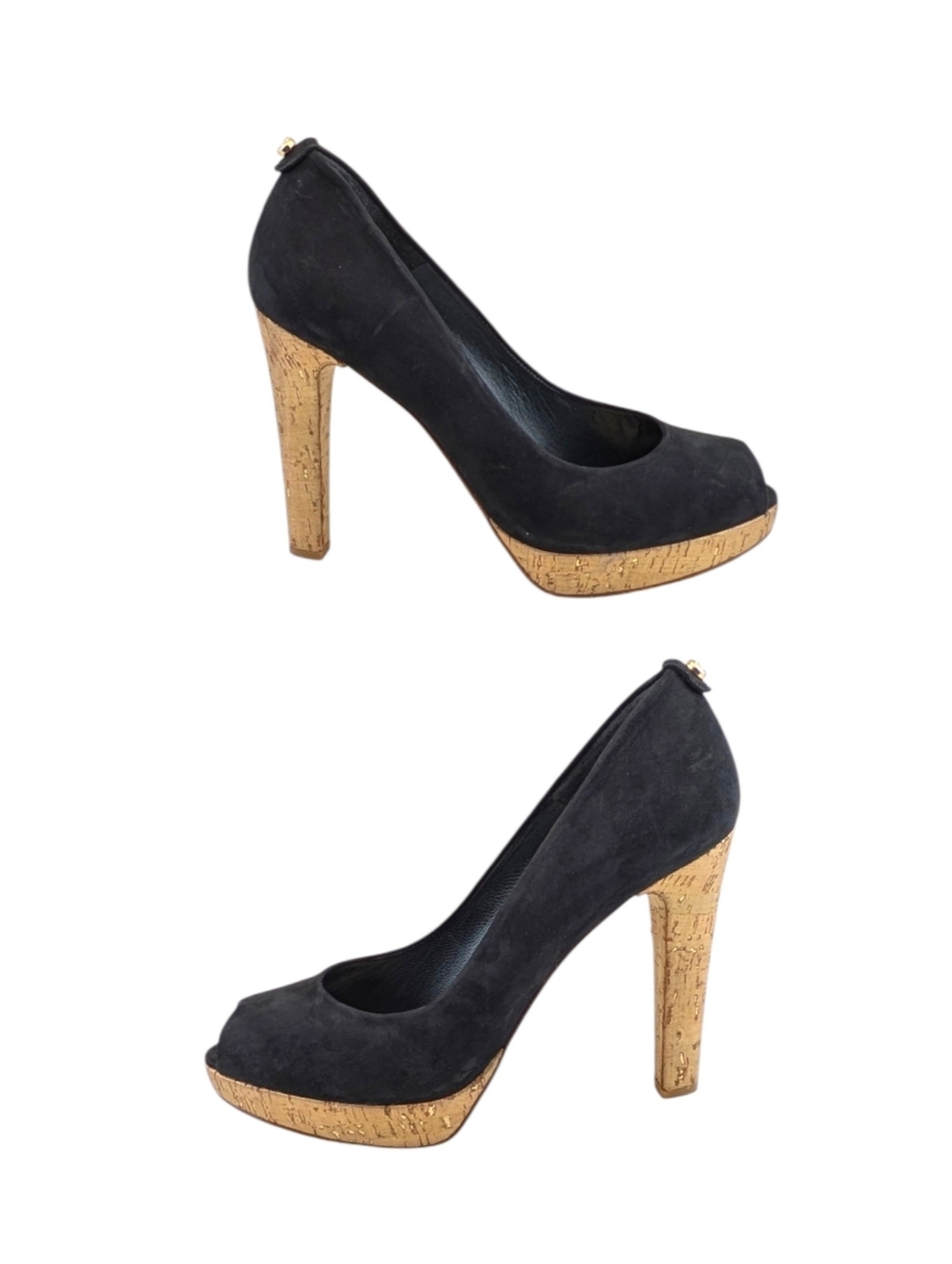 Stuart Weitzman Suede Black Peep Toe Cork Platform Heels Size 9.5 M S4036 - Picture 7 of 12